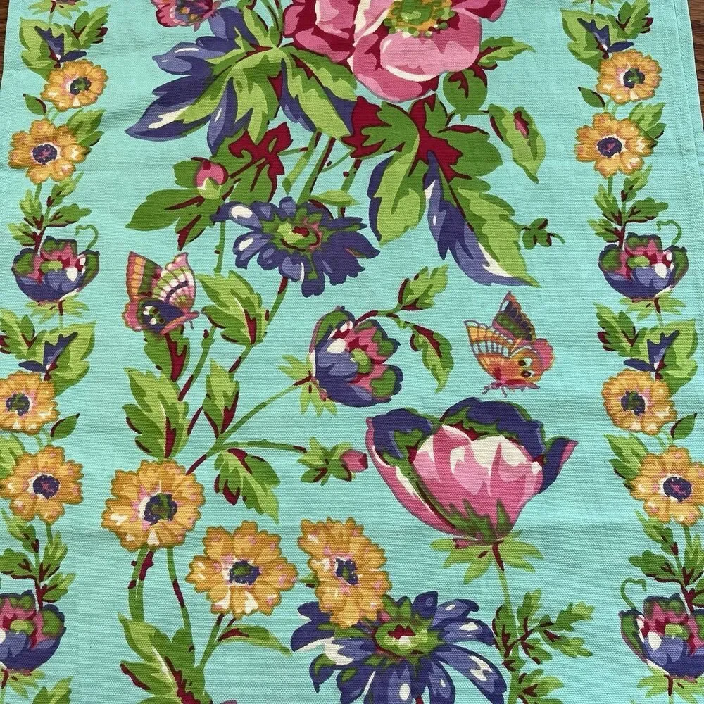 April Cornell Pennys Patio Table Runner Teal Pink Cotton 16x90 Butterfly Cottage